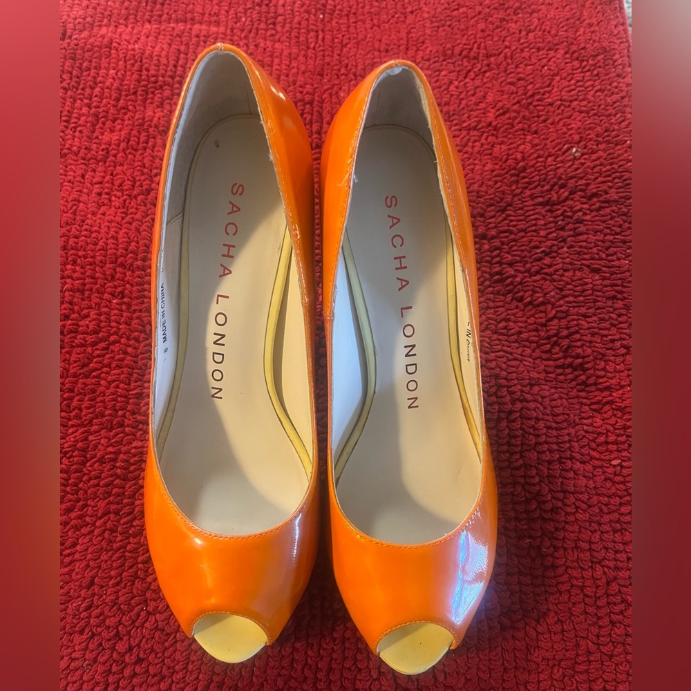 Sacha London Women’s “Tess” Bright Orange‎ and Yellow Peep  Toe Heels Sz 8.